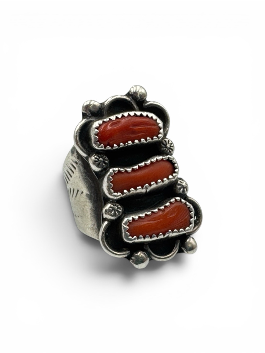 Vintage Navajo Sterling Silver Red Coral 3 Stone Ring Signed Ds Size 8.5